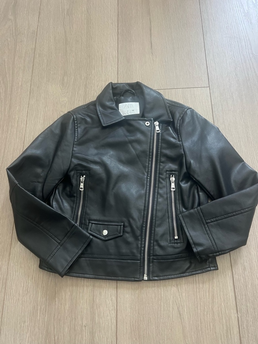 Zara Kids Black Faux Leather Moto-Style Jacket size 8